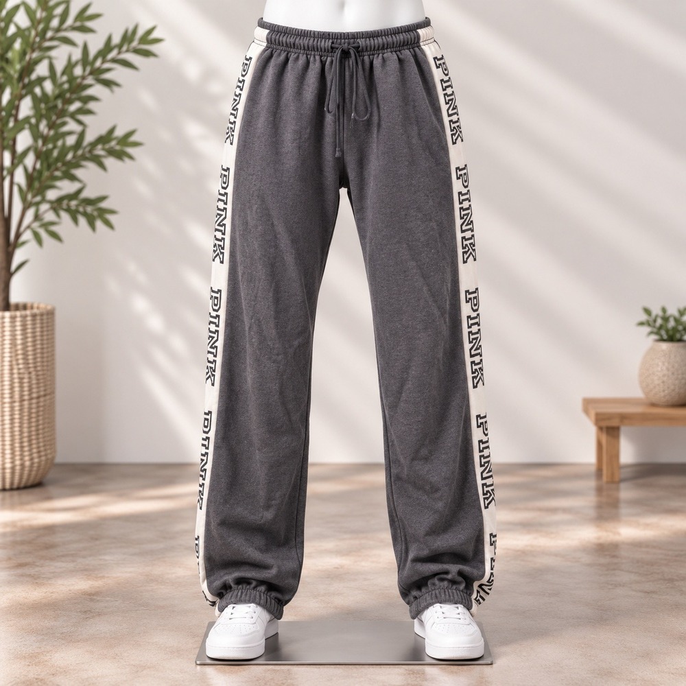PINK Victoria's Secret Sweatpants Womens Large Gray Logo Tape Lace Up Joggers